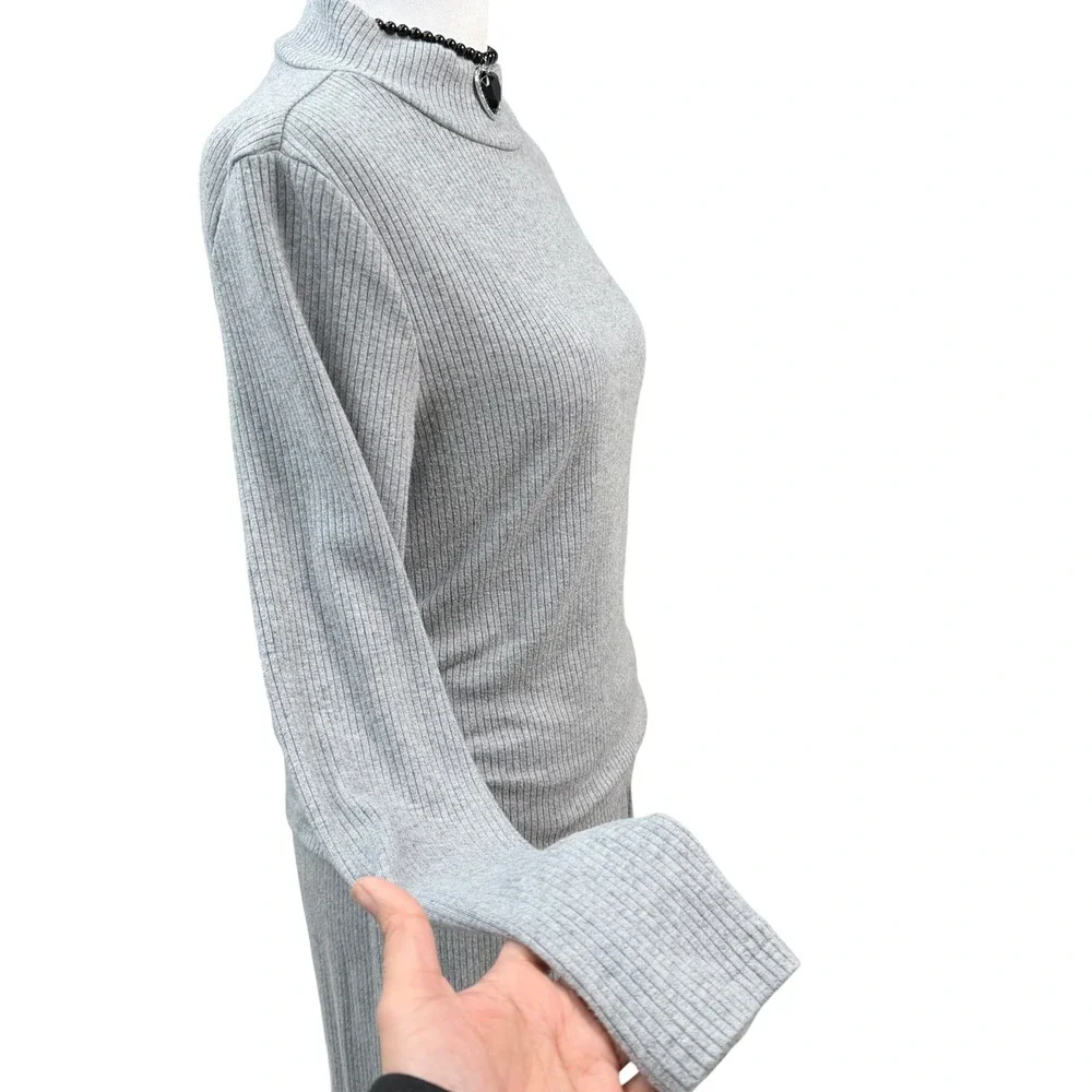 Grey Ribbed Knit 2 Pc Set Mock Neck Top Midi Skirt Medium Minimalist Scandi‎ CBK